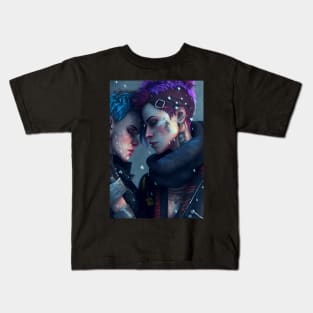 Futuristic Cyberpunk Lesbian Lovers Embrace in Emotional Portrait Kids T-Shirt